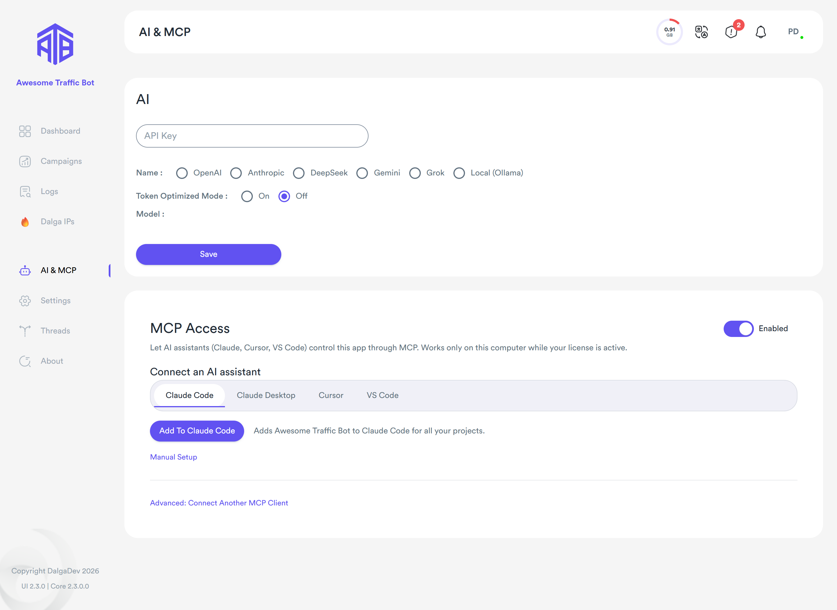 The AI &amp; MCP tab with the MCP Access card and the Add to Claude Code button