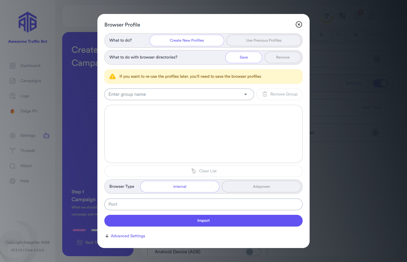 Browser profile settings