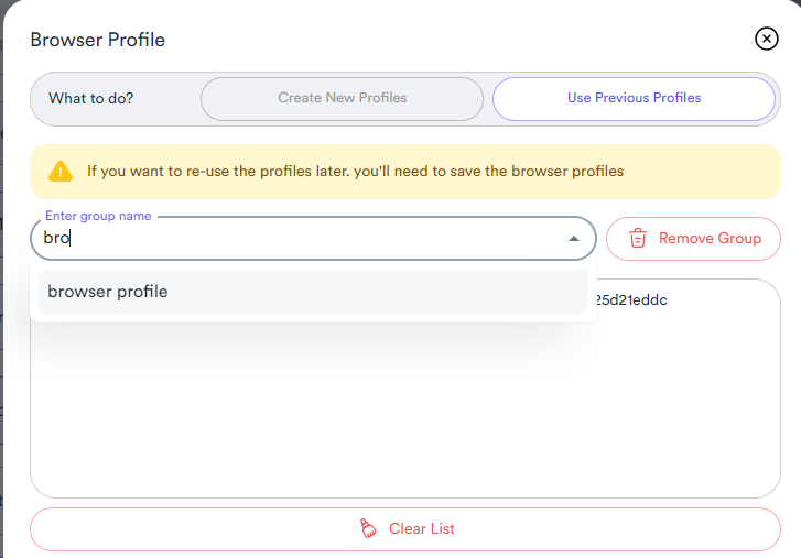 Browser profiling — reuse a saved group