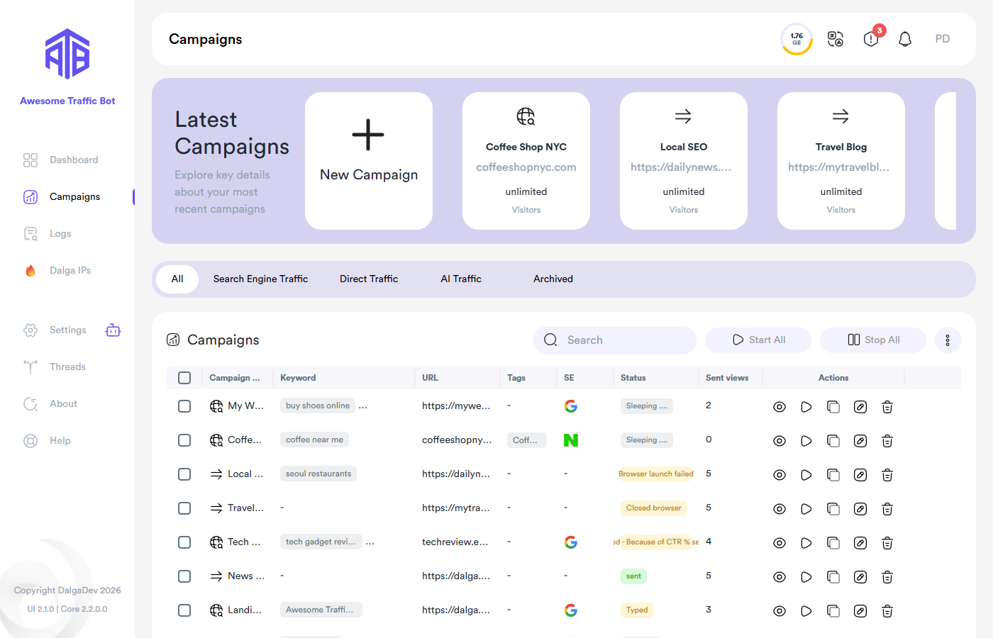 Campaigns page