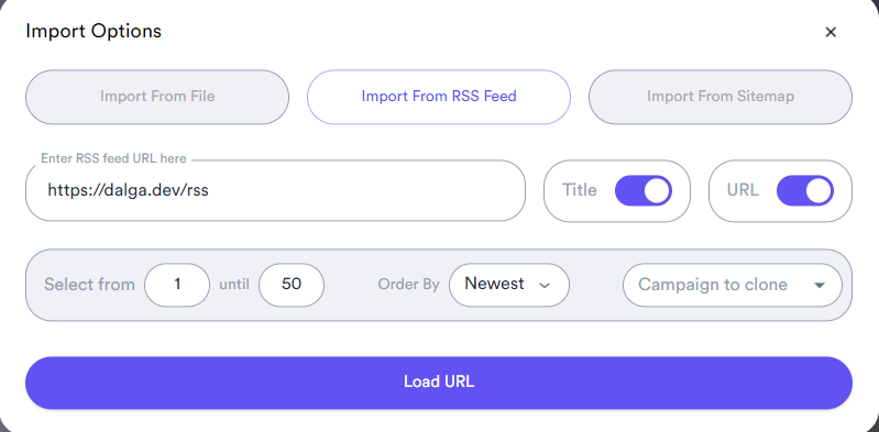 Import from RSS — enter the feed