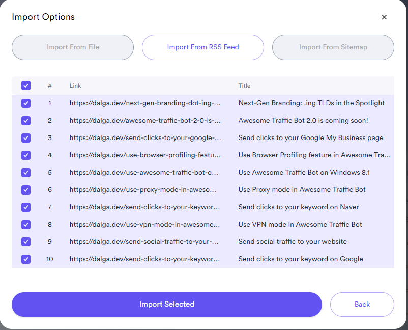 Import from RSS — pick how many articles