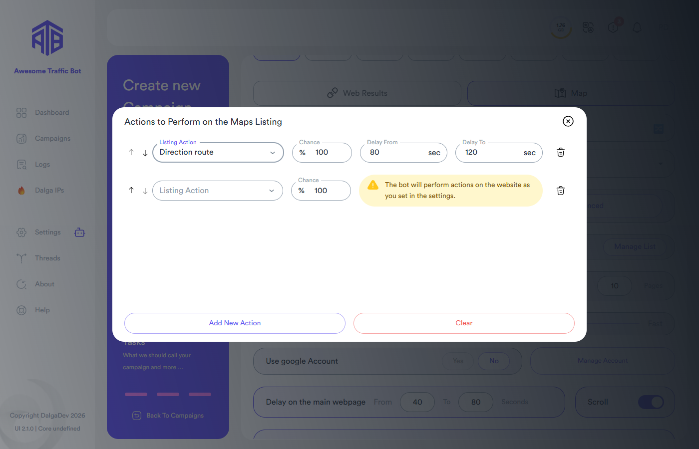 Maps listing actions
